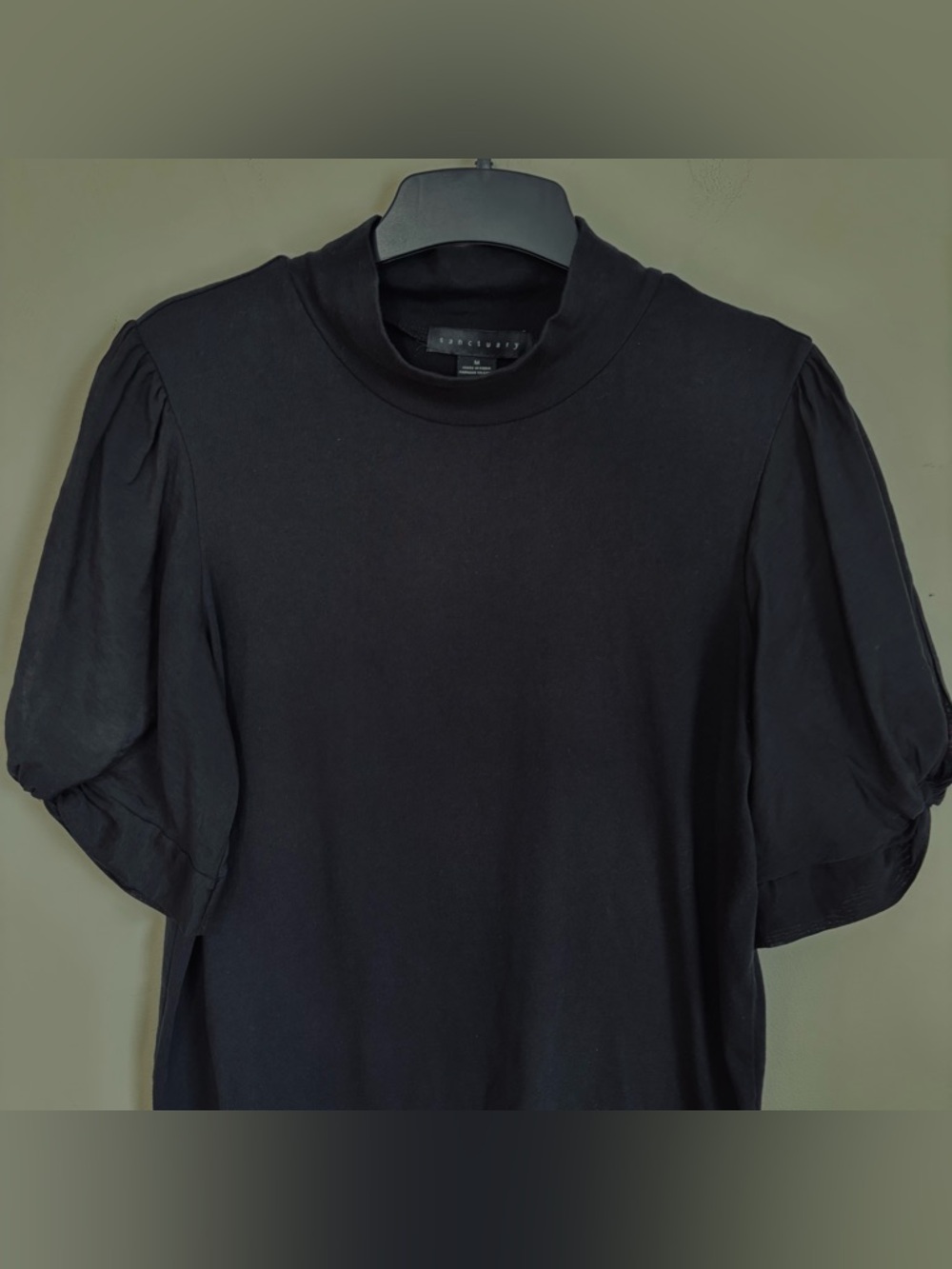 Sanctuary minimalist base layer black mock neck puff pleated short sleeve Tee M - Picture 7 of 16